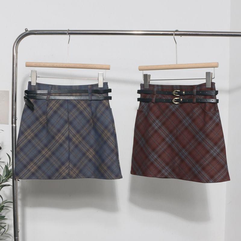 Set: High Waist Plaid Mini Skirt + Belt product image