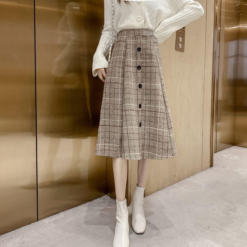 High Rise Plaid Button Accent Midi A-Line Skirt Product Image