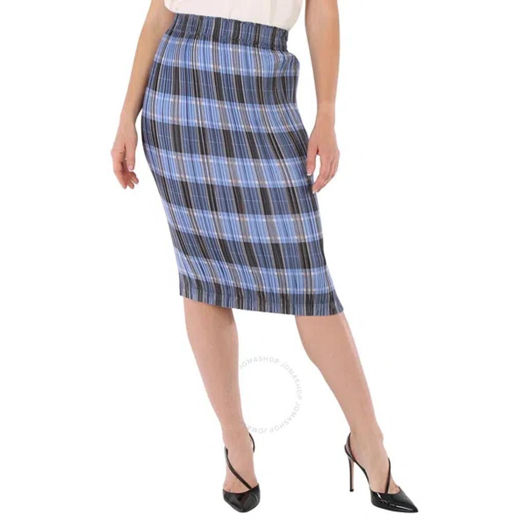 BURBERRY Ladies Pale Blue Check Plisse Pleated Check Pencil Skirt product image