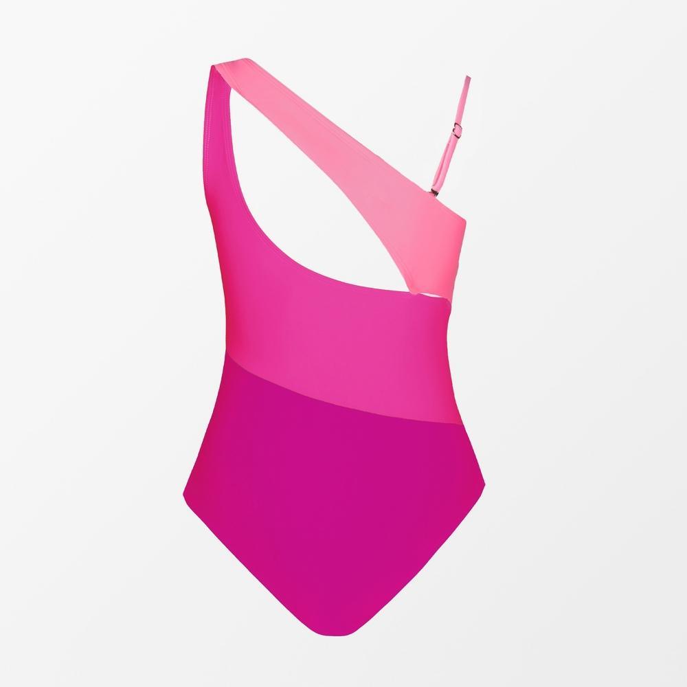 Women's Color Block One Shoulder One Piece Swimsuit - Cupshe-Medium-Neon Pink Product Image