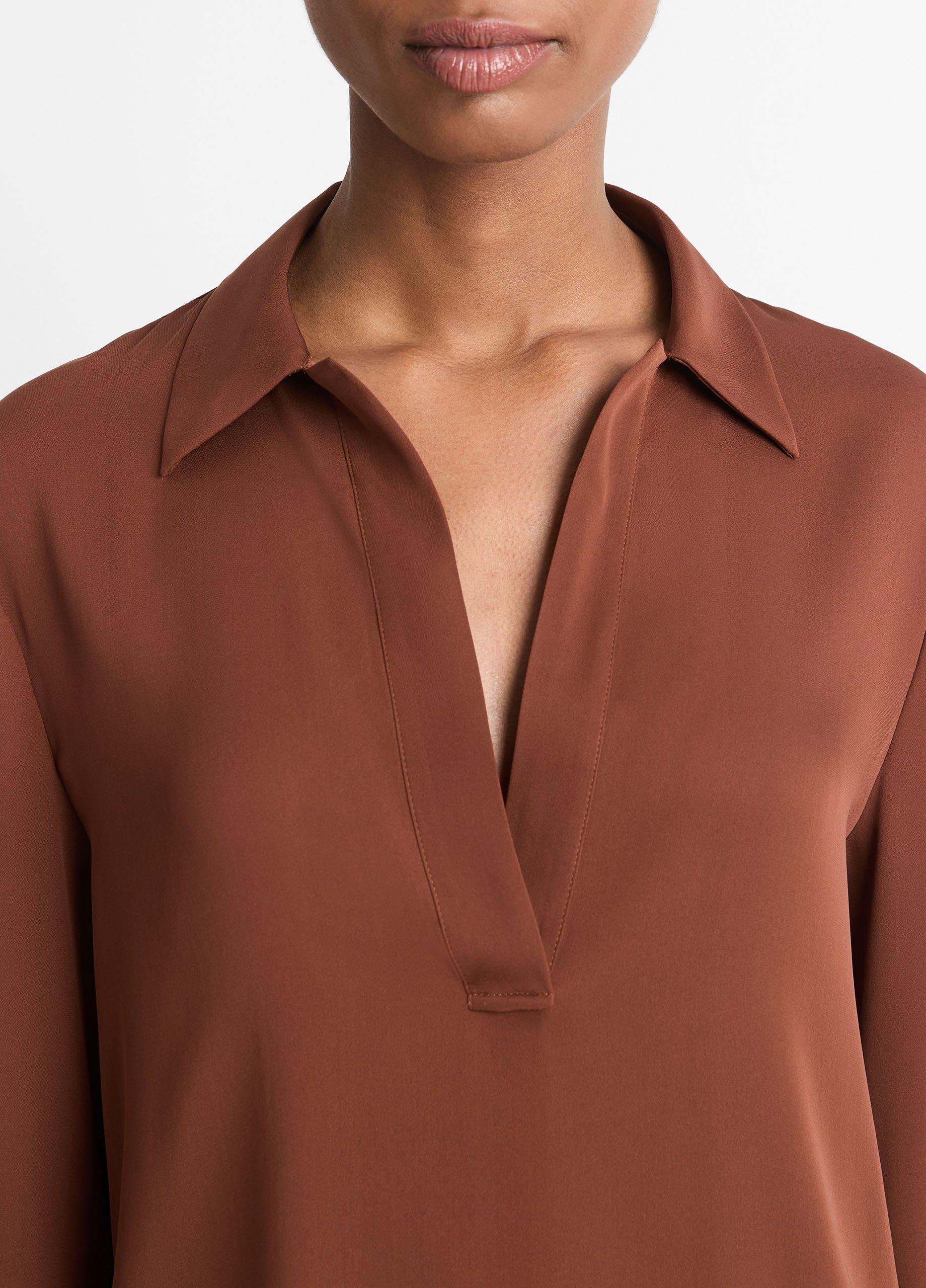 Stretch-Silk Long-Sleeve Polo Blouse Product Image