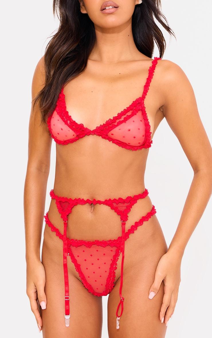 Red Polka Dot Mesh 3 Piece Lingerie Set Product Image