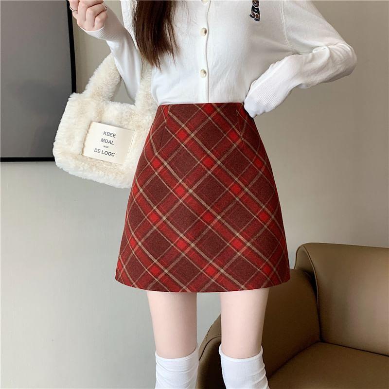 High Waist Plaid Mini A-Line Skirt Product Image