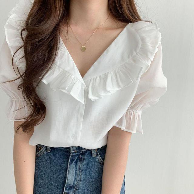 Puff Sleeve Collared Plain Ruffle Blouse Product Image