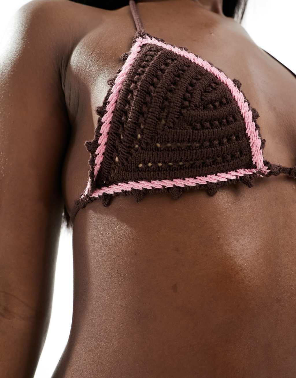 Cotton On crochet triangle bikini top in brown  Product Image