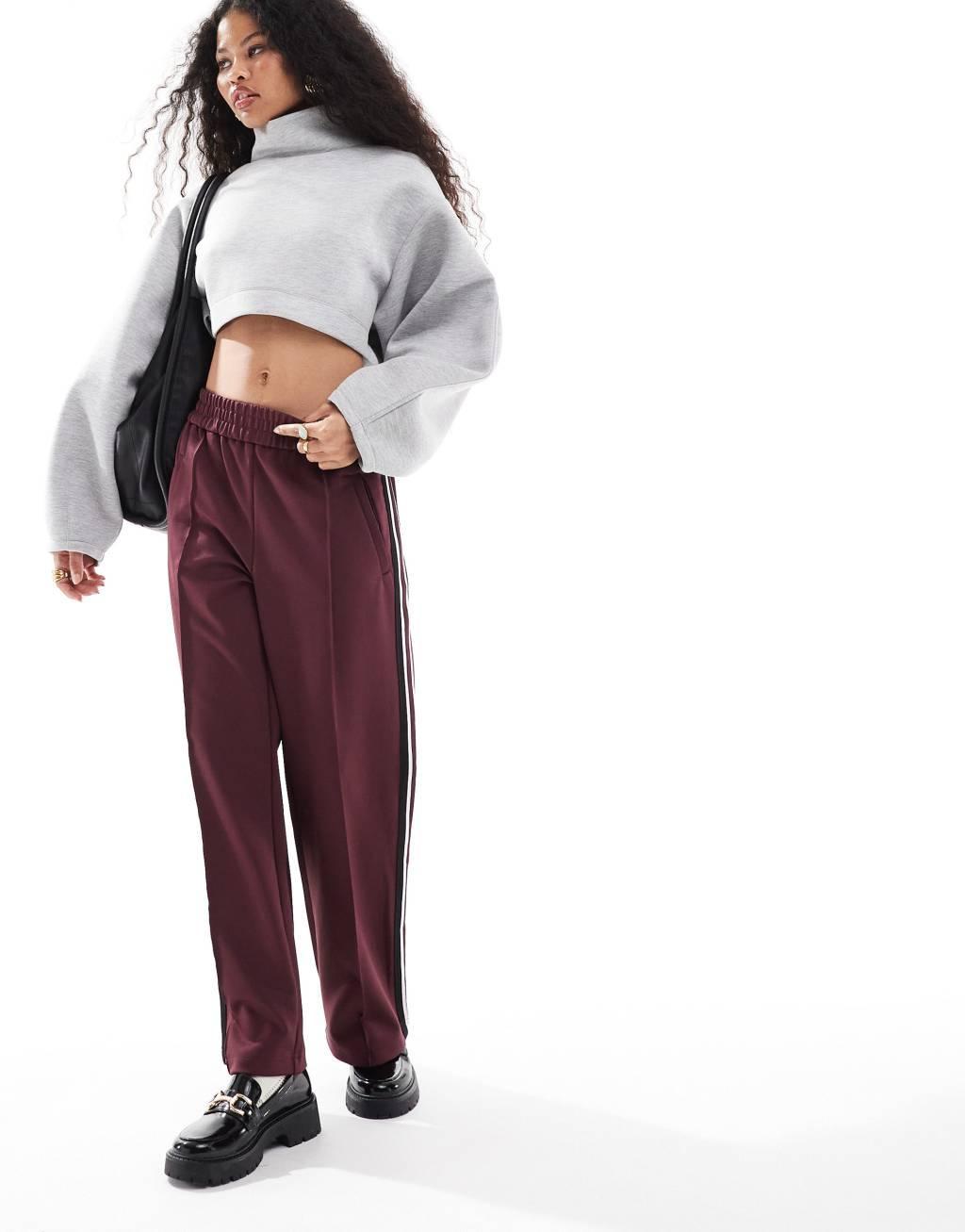 ONLY Petite side panel wide leg track pant in burgundy Product Image