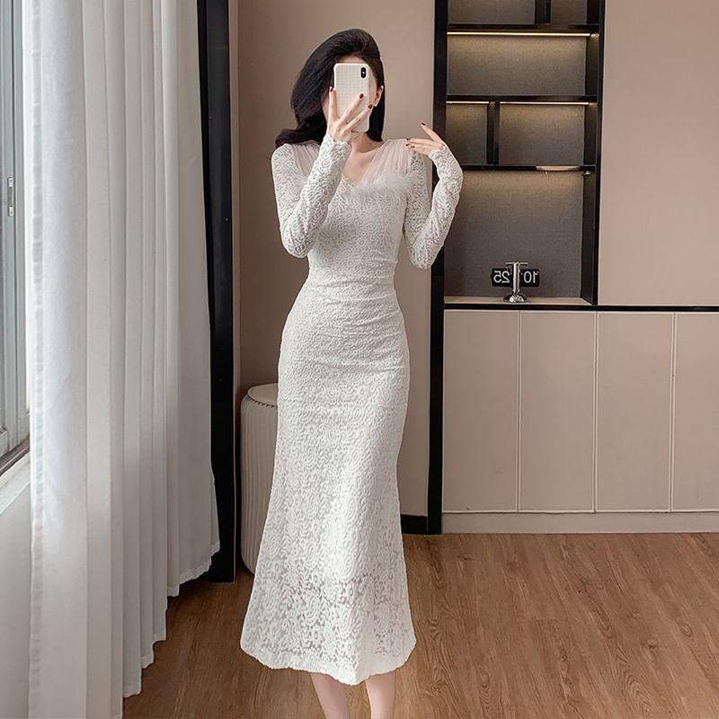 Long Sleeve V-Neck Plain Lace Midi Mermaid Dress Product Image