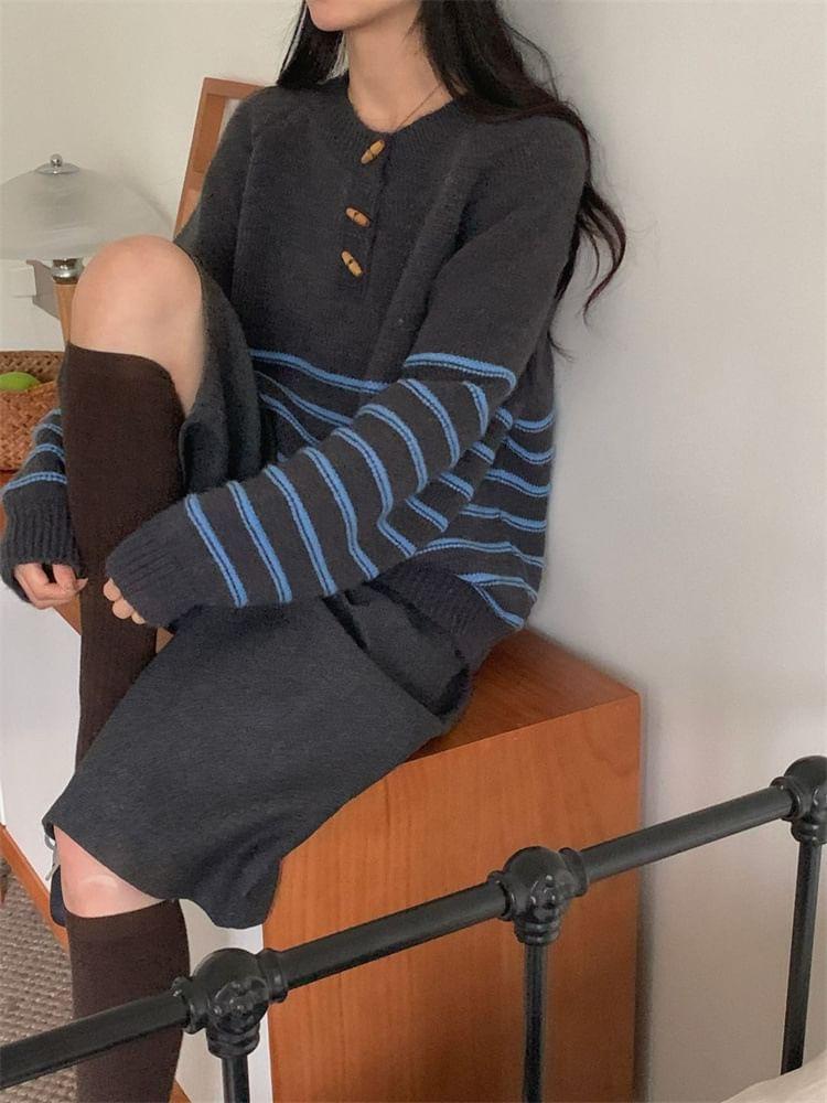 Crewneck Toggle Striped Sweater Product Image