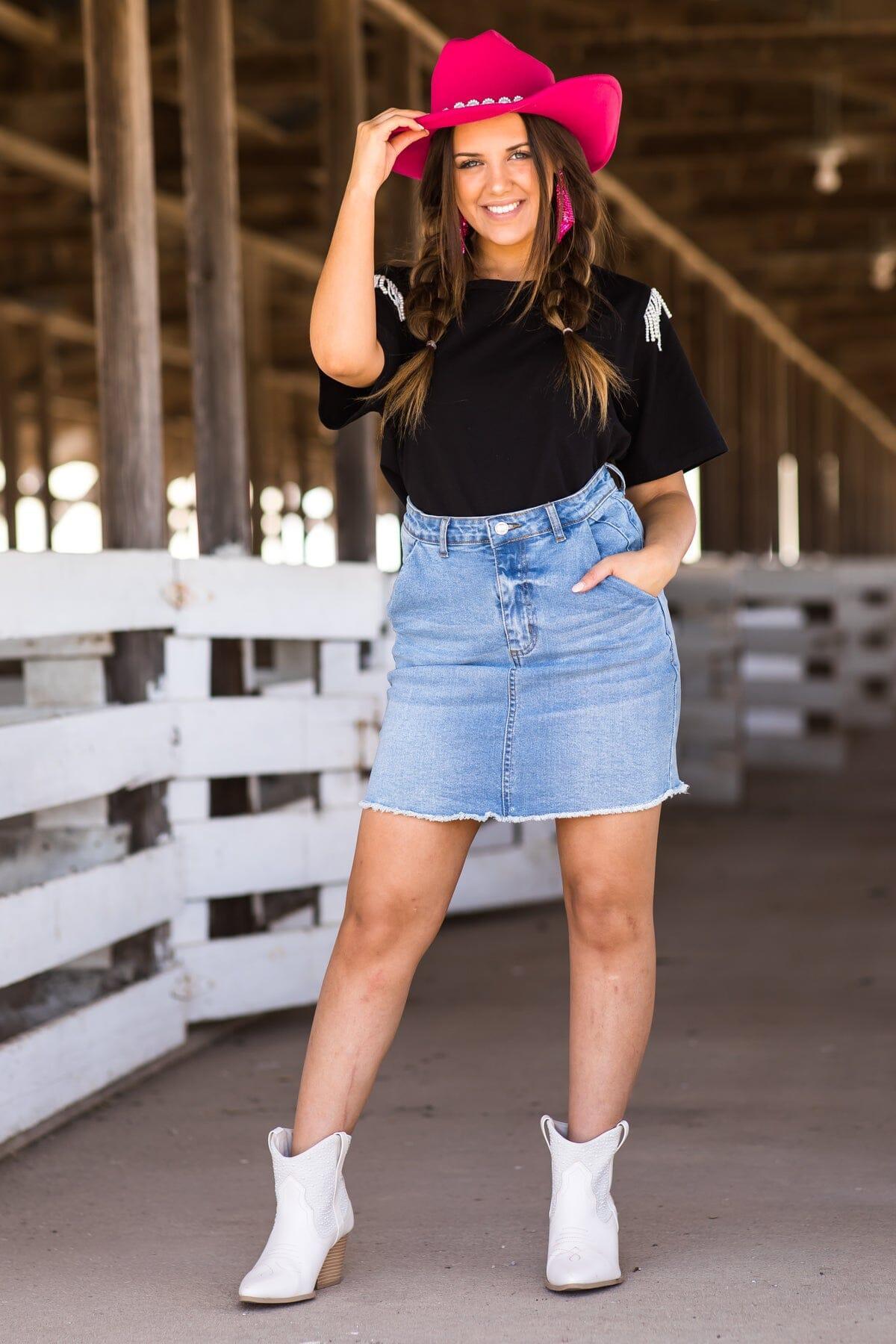 Black Short Sleeve Top With Beaded Fringe Product Image