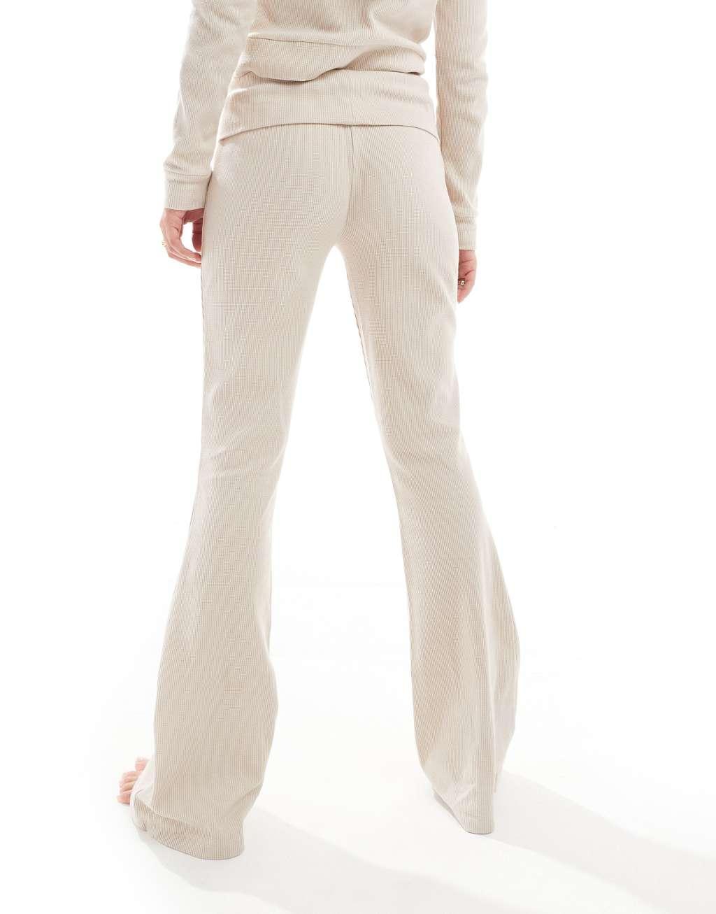 ASOS DESIGN lounge waffle hoodie & foldover pants in beige Product Image