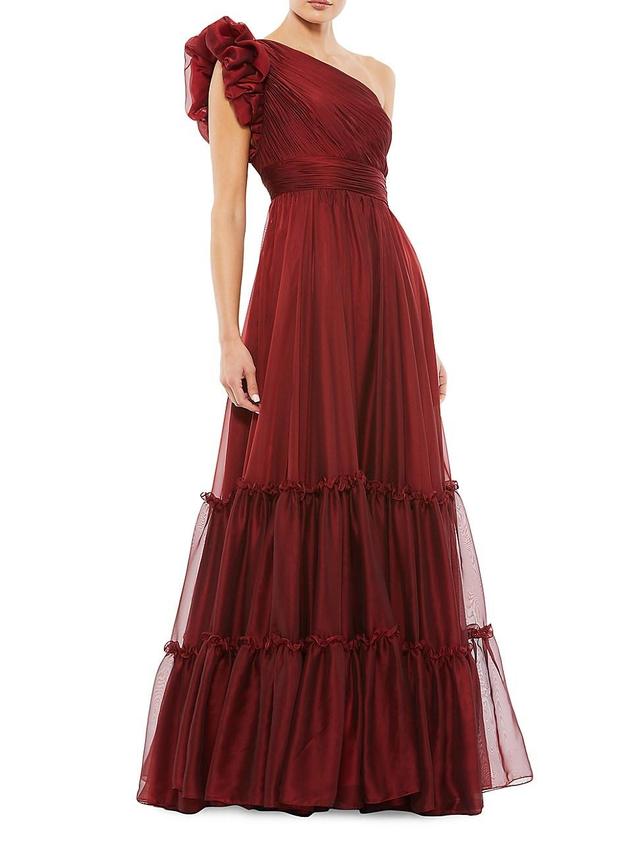 Womens One-Shoulder Tiered Chiffon Gown Product Image