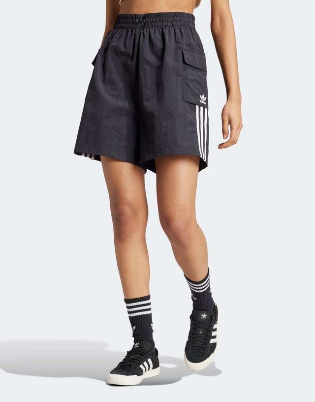 adidas Originals 3 stripe cargo shorts in black  Product Image