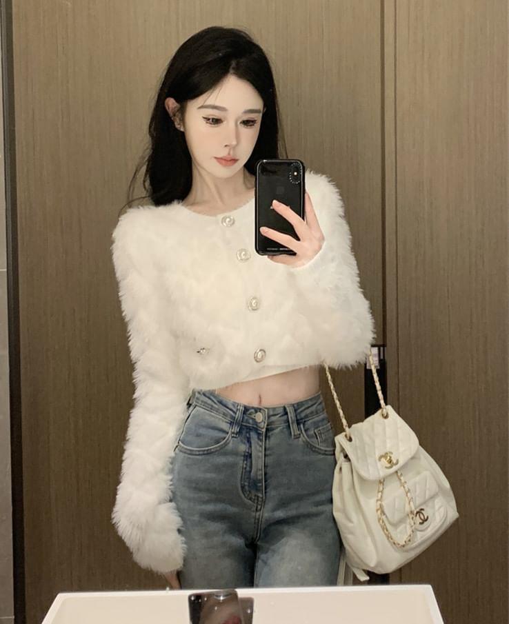 Round Neck Plain Fluffy Cropped Cardigan Product Image