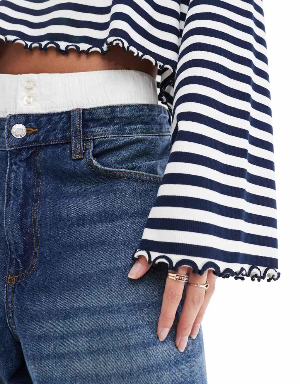 ASOS DESIGN lettuce hem long sleeve T-shirt in white and navy stripe Product Image