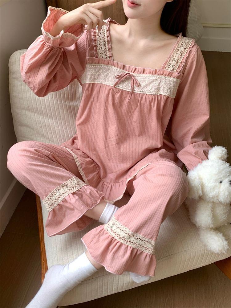 Pajama Set: Puff-Sleeve Lace Trim Ruffled Bow Shirt + Pants Product Image