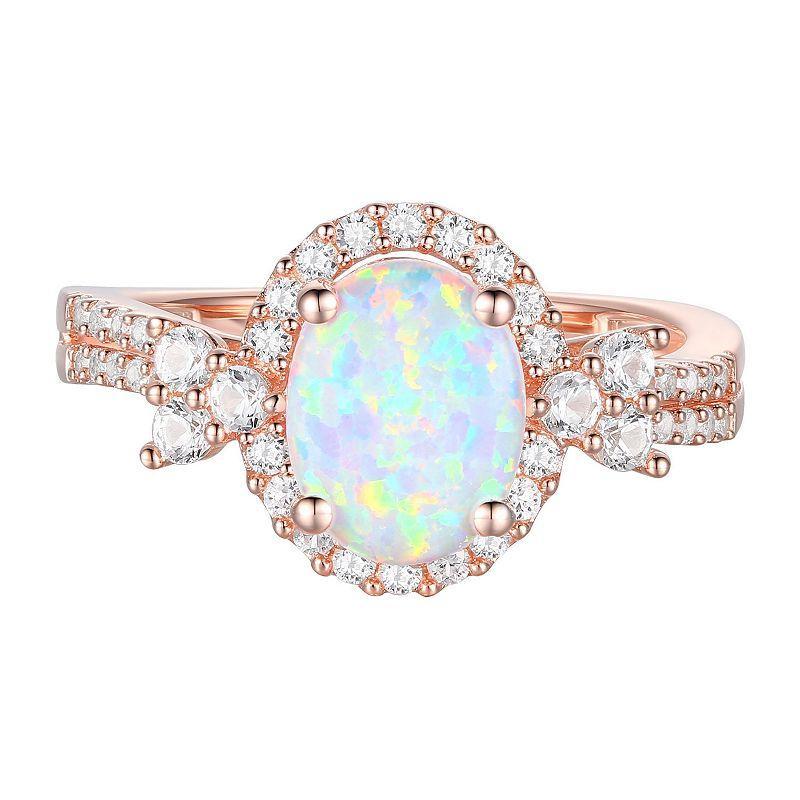 14k Rose Gold Over Silver Lab-Created Opal & Lab-Created White Sapphire Oval Halo Ring, Womens Product Image