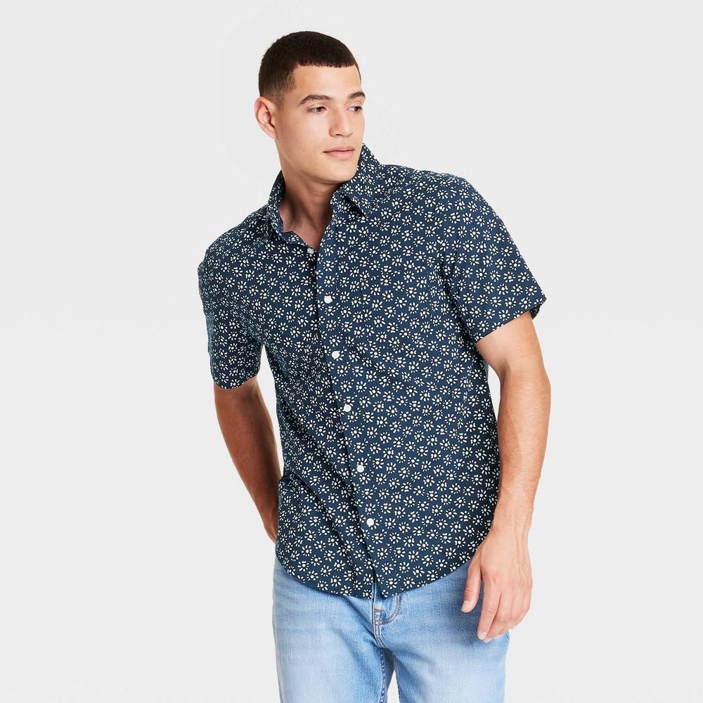 Mens Regular Fit Short Sleeve Poplin Button-Down Shirt - Goodfellow & Co Dark Blue Product Image