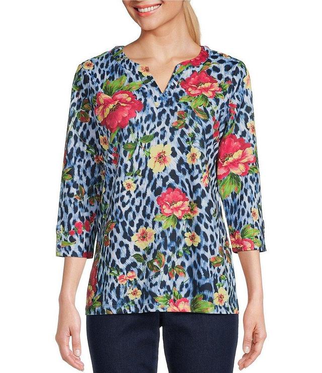 Allison Daley Petite Size Embellished Cheetah Floral Print 3/4 Sleeve Split V-Neck Knit Top Product Image