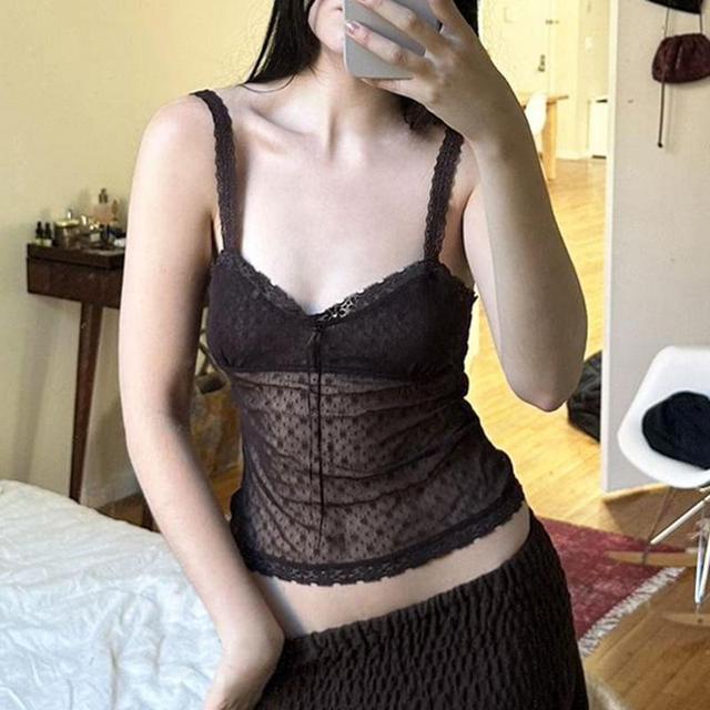 V-Neck Bow Accent Lace See-Through Slim-Fit Crop Camisole Top Product Image