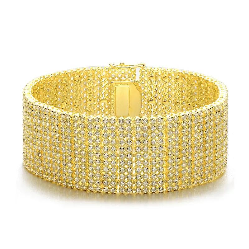 Sterling Silver 14k Gold-Plated Cubic Zirconia Wide Mesh Cuff Bracelet, Womens Gold Tone Product Image