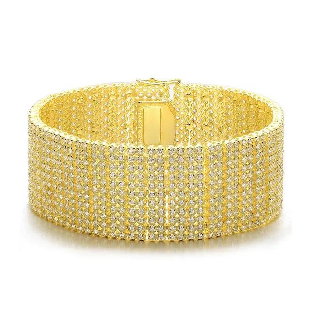 Sterling Silver 14k Gold-Plated Cubic Zirconia Wide Mesh Cuff Bracelet, Womens Gold Tone Product Image