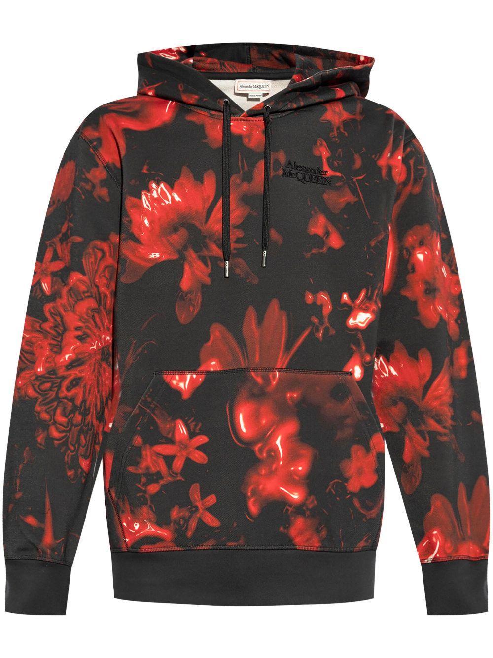 Logo-embroidered Printed Cotton-jersey Hoodie In Red Product Image