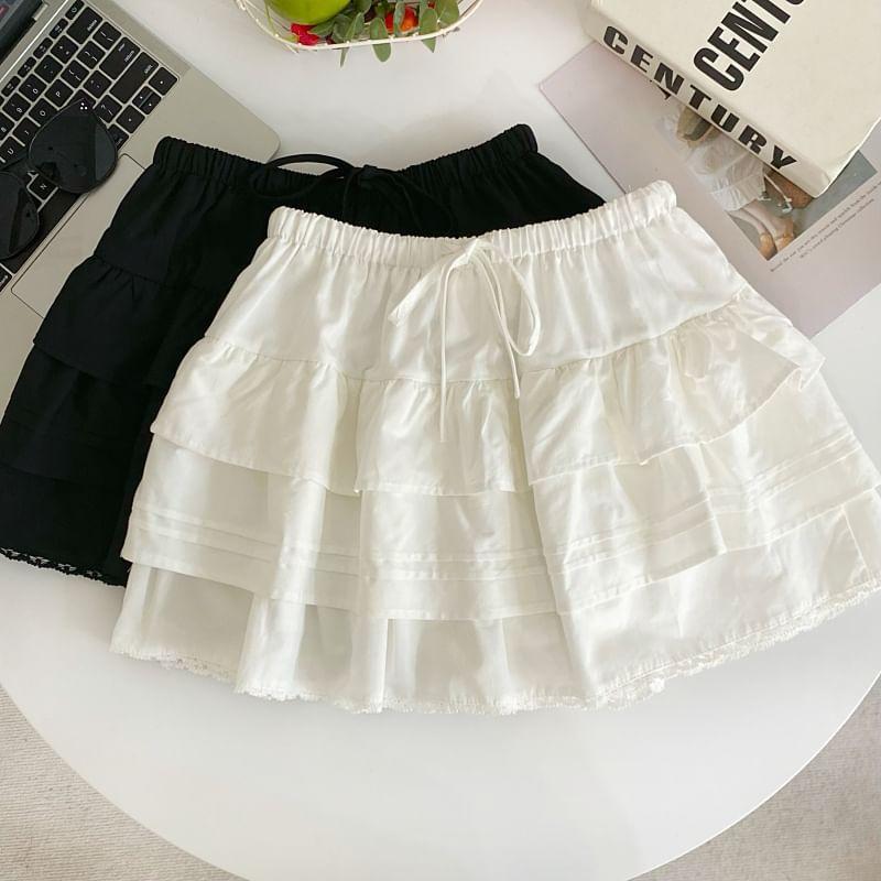 Drawstring Waist Plain Lace Trim Mini A-Line Skirt Product Image