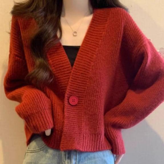 V-Neck Plain Ribbed Single-Button Cardigan Product Image