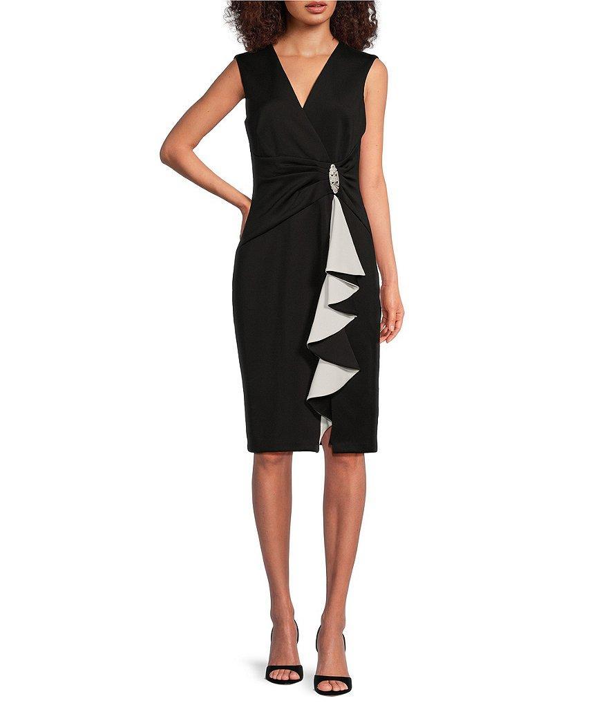 Jessica Howard Sleeveless V-Neck Front Ruffle Sheath Dress Product Image