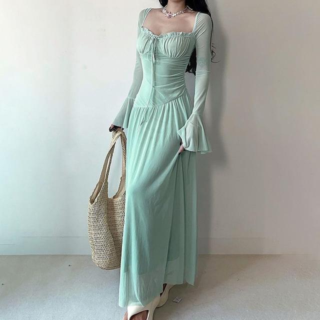 Long-Sleeve Queen Anne Neckline Plain Maxi A-Line Dress Product Image