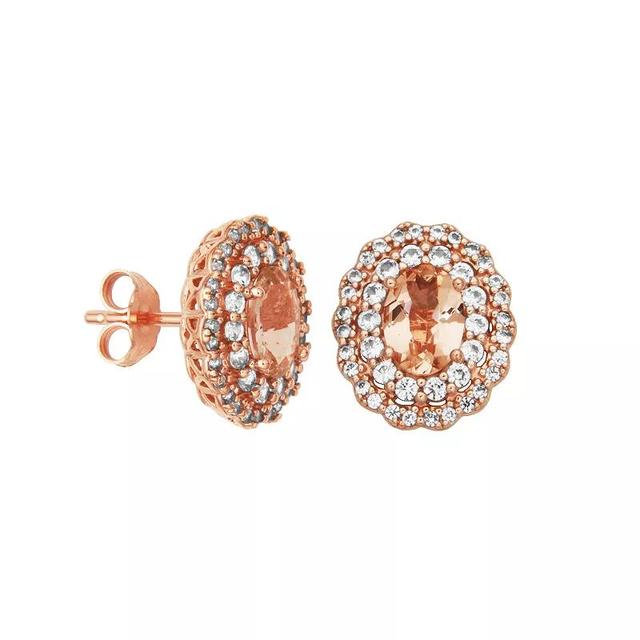 14k Rose Gold Over Silver Genuine Morganite & Lab-Created White Sapphire Double Halo Earrings, Womens, Pink Tone Product Image