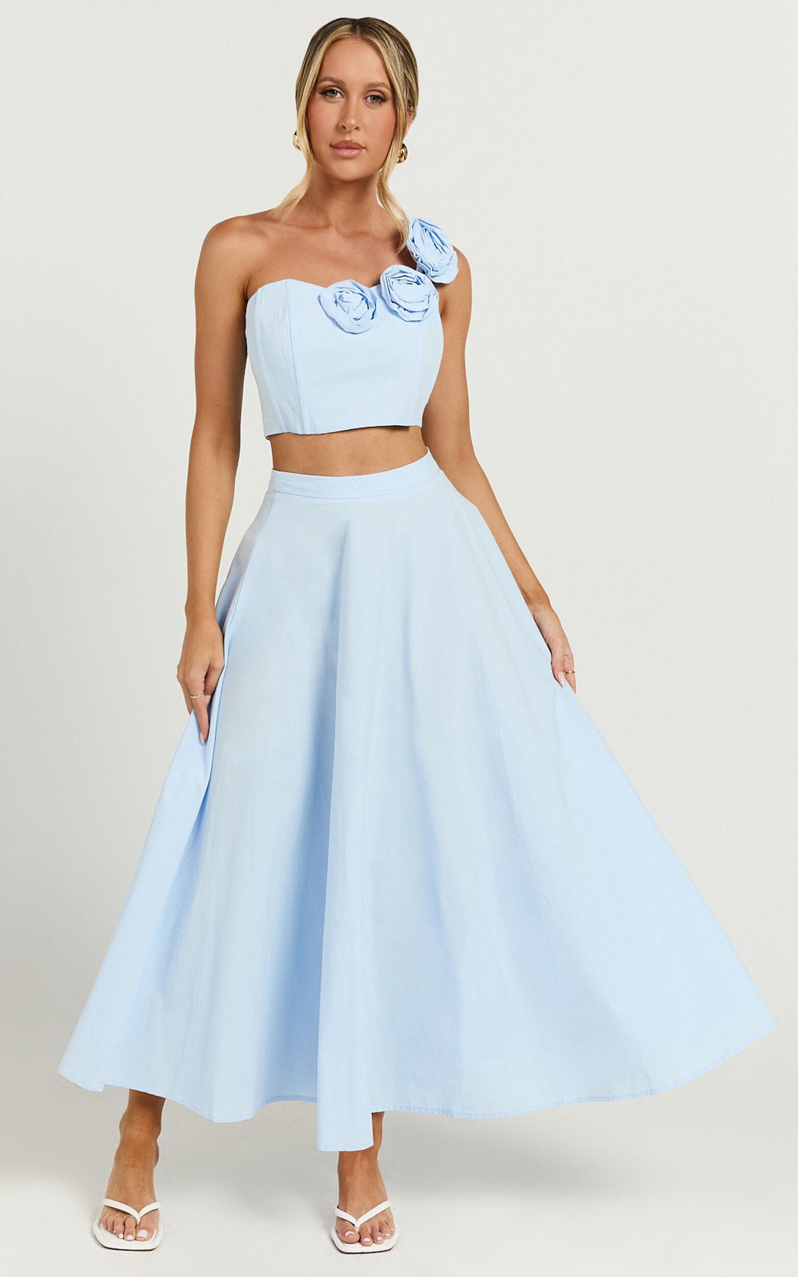 Claire Two Piece Set - One Shoulder Rosette Detail Crop Top And A Line Skirt Set in Powder Blue Product Image