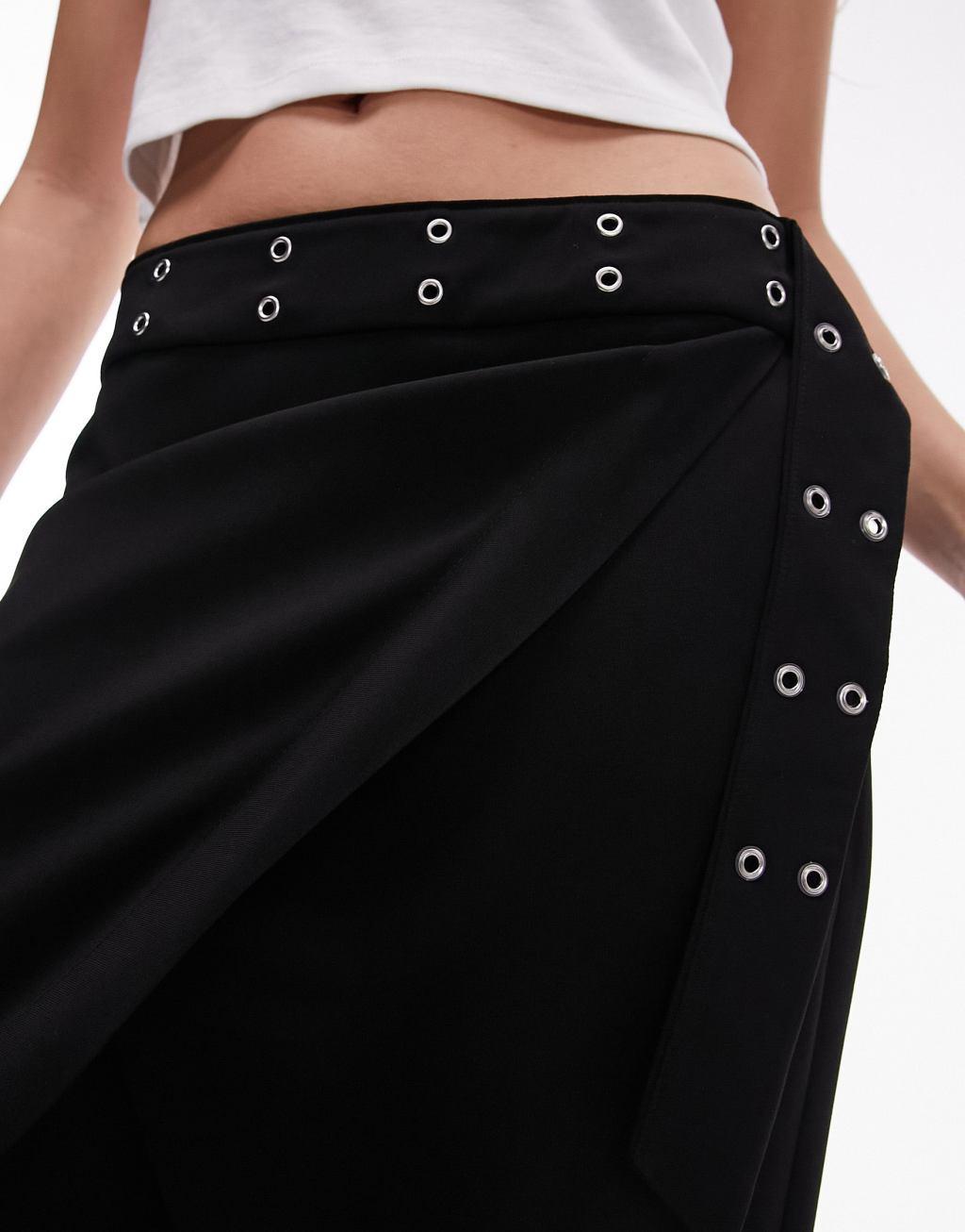 Topshop eyelet wrap low rise midi skirt in black Product Image