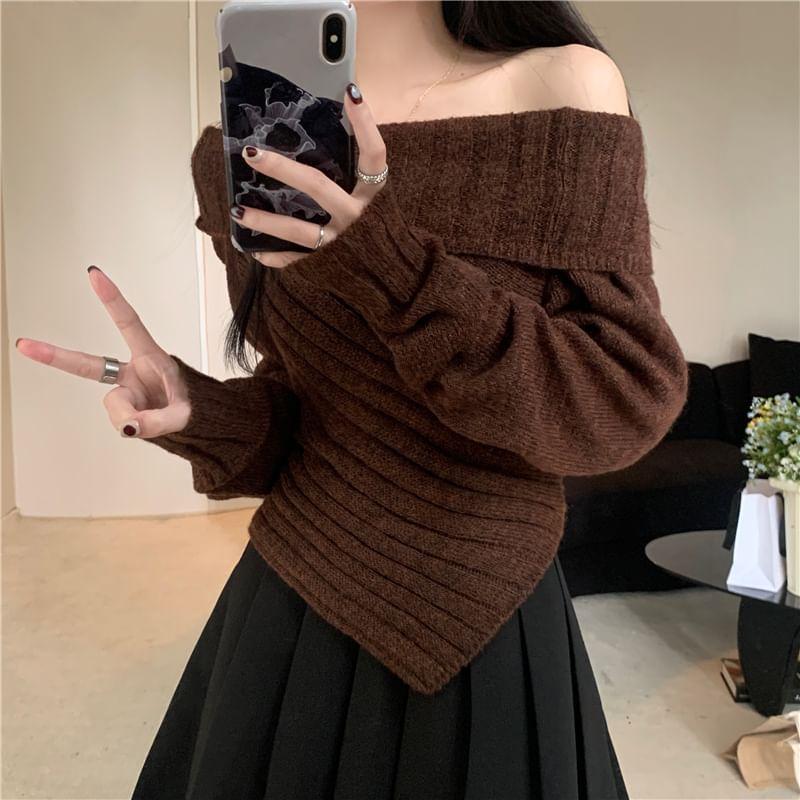 Off Shoulder Plain Asymmetrical Ribbed Sweater Product Image