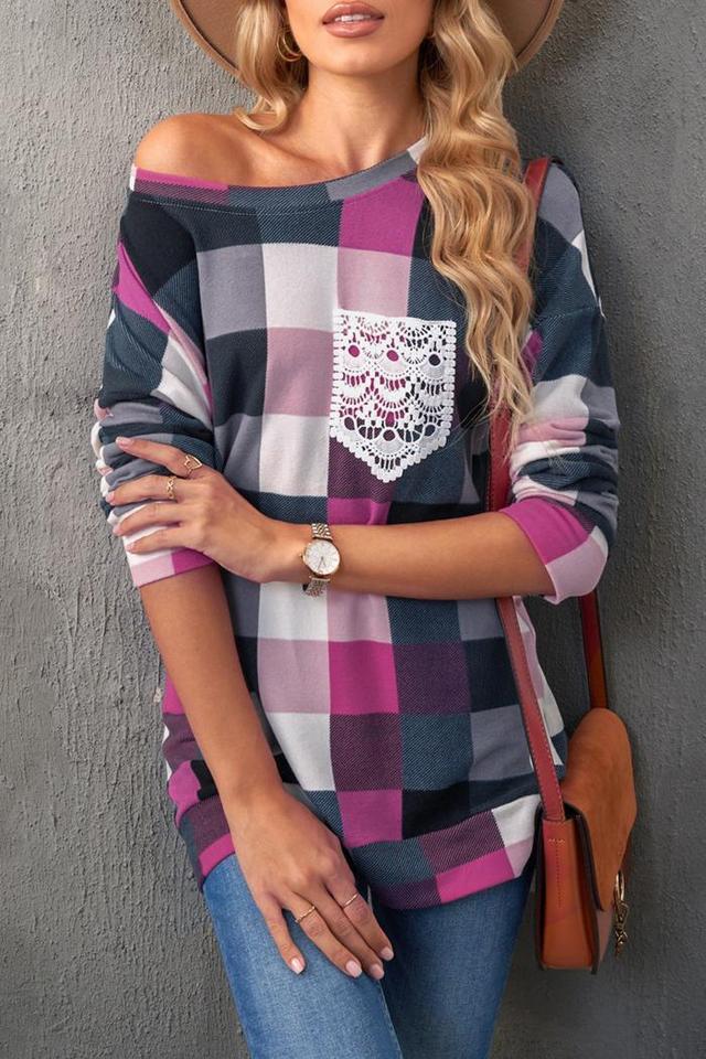 Plaid Print Lace Pocket Top Product Image