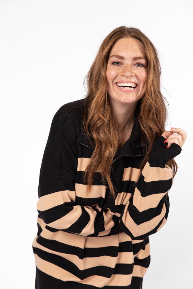 Pulling Heartstrings Black And Tan Striped Quarter Zip Pullover FINAL SALE Product Image