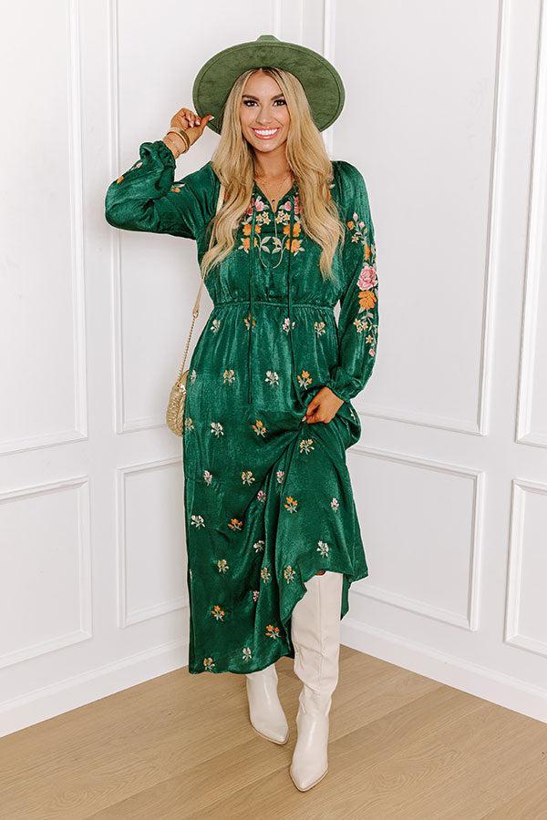 Whispering Sweet Nothings Embroidered Maxi In Hunter Green Product Image