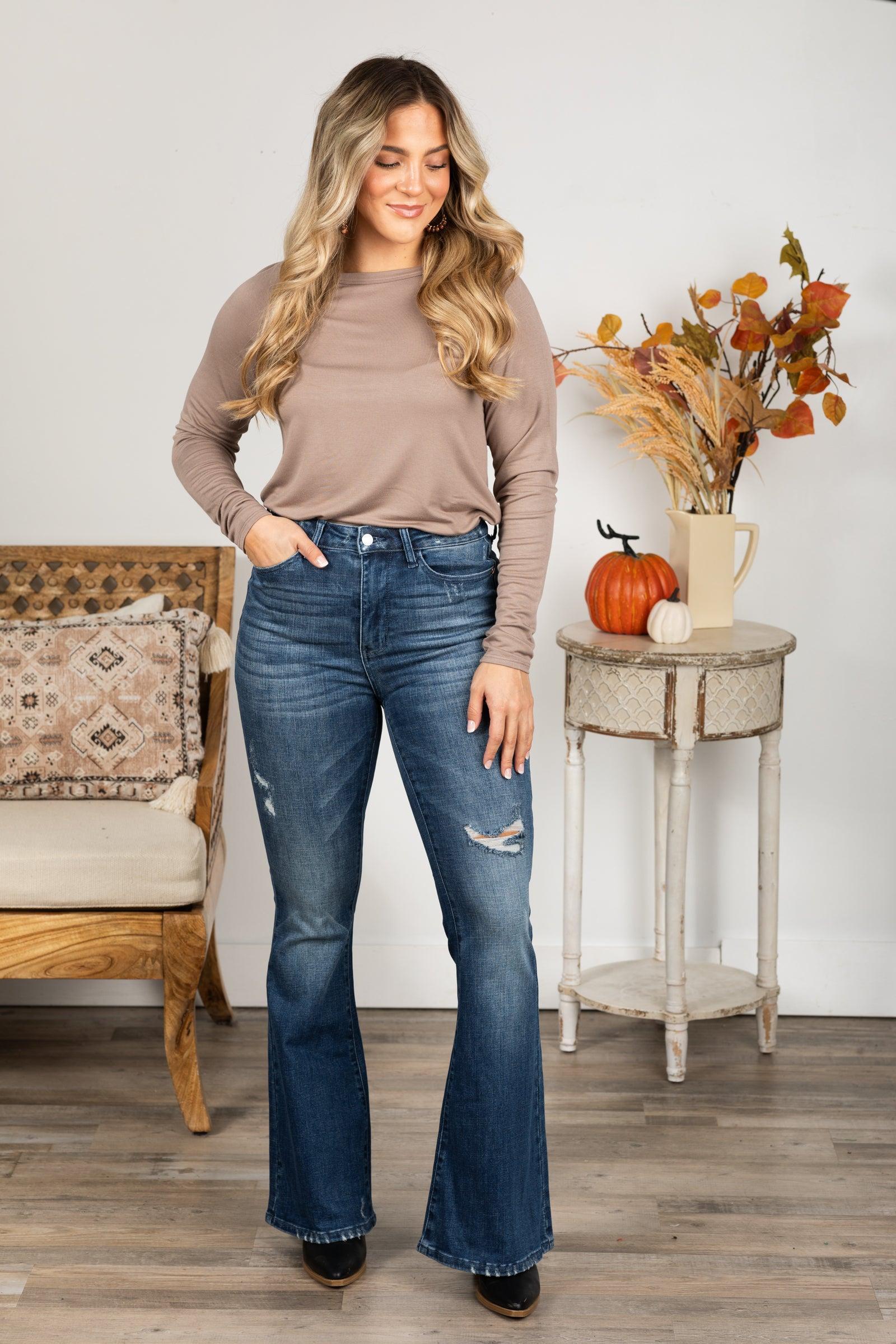 Judy Blue Dark Contrast Distress Flare Jeans product image