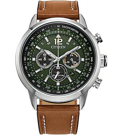 Men's Citizen Eco-DriveÂ® Avion Chronograph Brown Leather Strap Watch with Green Dial (Model:CA4477-08X) Product Image