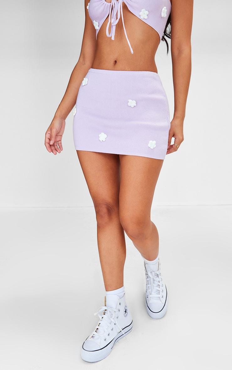 Petite Lilac Knitted Micro Mini Skirt With Flower Details Product Image