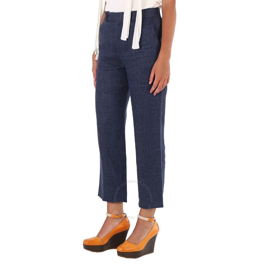 Chloe Ladies Deep Ocean Cropped Tailored Linen Pants In Blue Product Image