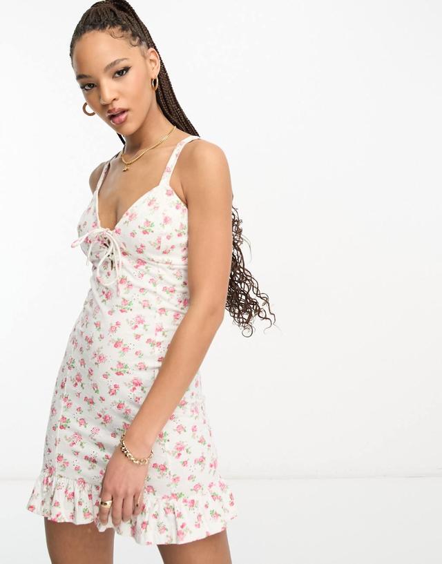 Miss Selfridge ditsy lace up eyelet cami mini dress in white Product Image