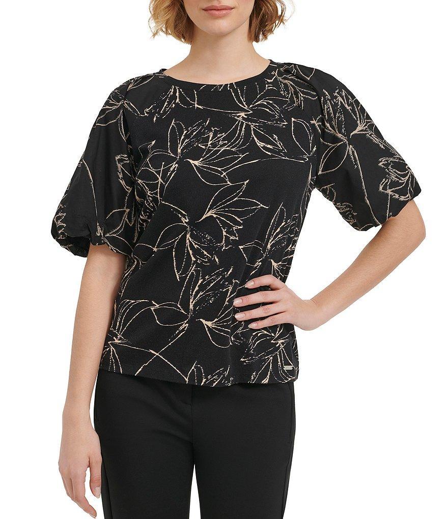 Calvin Klein Printed Crew Neckline Puff 3/4 Blouse Product Image