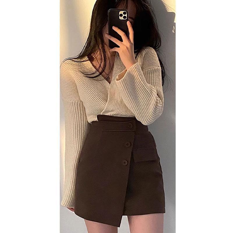 High Rise Asymmetrical Plain Mini Skirt / Long-Sleeve V-Neck Plain Knit Top Product Image