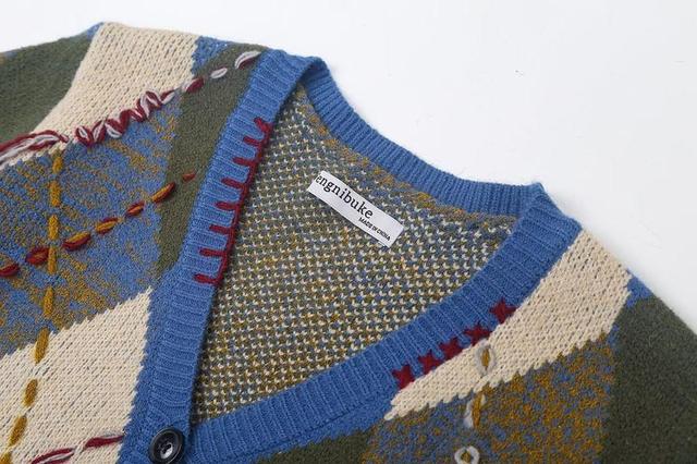 V-Neck Argyle Stitching Button Cardigan Product Image