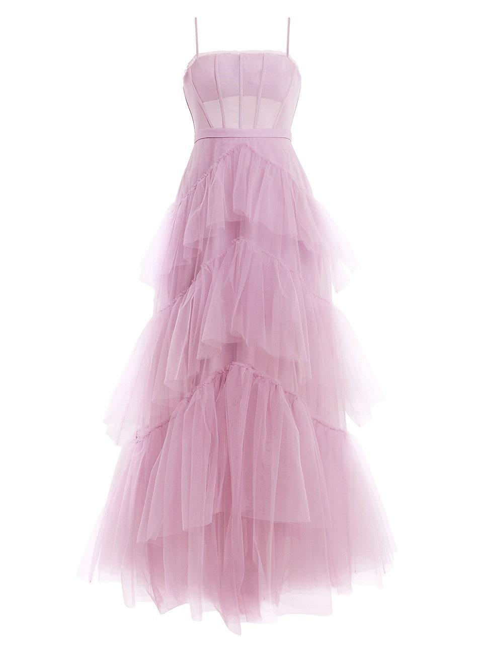 Womens Sheer Tiered Ruffle Gown Product Image