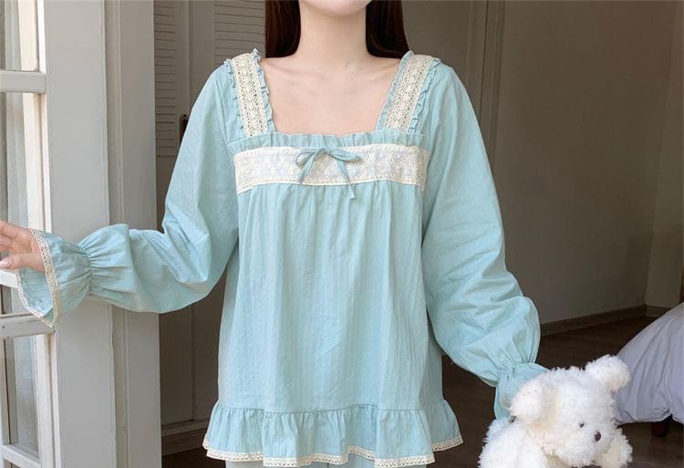 Pajama Set: Puff-Sleeve Lace Trim Ruffled Bow Shirt + Pants Product Image