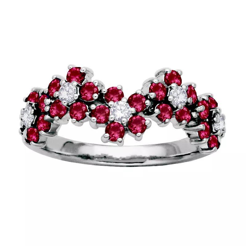 Sterling Silver Lab-Created Ruby & Lab-Created White Sapphire Flower Ring, Womens Red Product Image