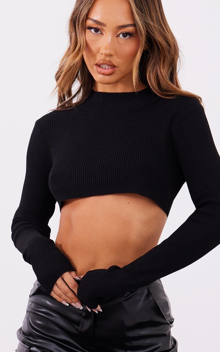 Petite Black Knitted Cropped Crew Neck Sweater Product Image