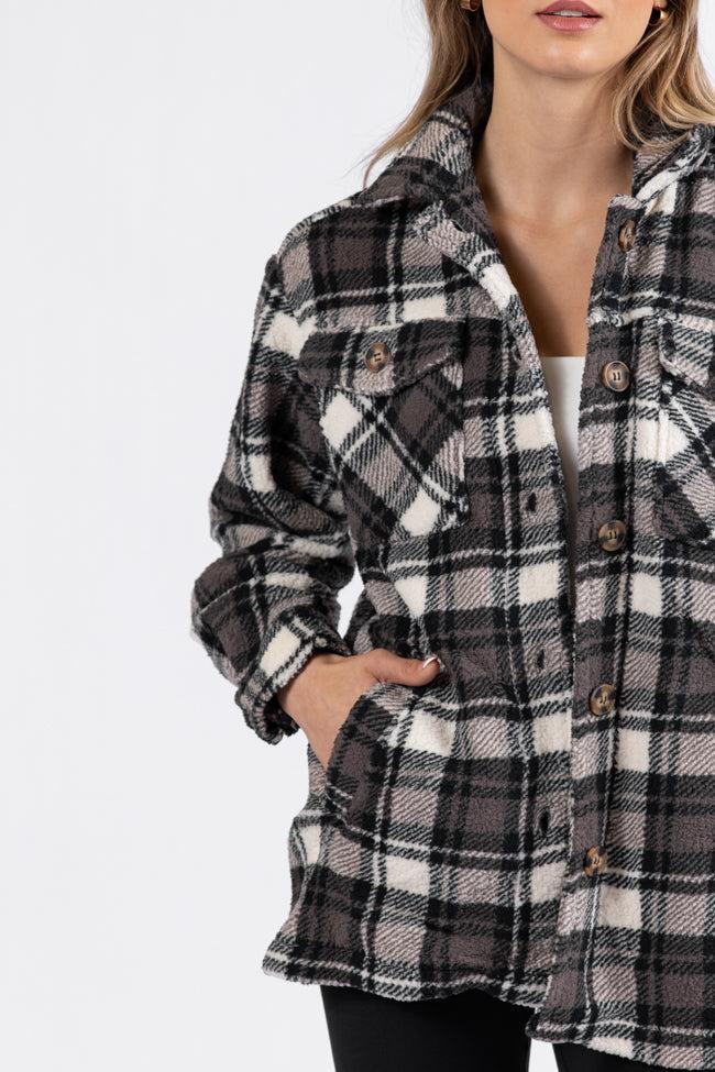 Through The Leaves Black Plaid Sherpa Shacket Product Image